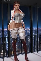 1girl ai_generated apex_legends breasts building choker cleavage dark_skin full_body hi_res high_quality high_resolution large_breasts loba_(apex_legends) looking_at_viewer patreon red_eyes red_hair seductive sexy solo spicytoonai standing uncensored watermark