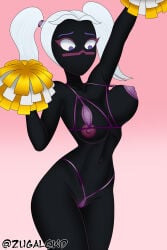1girl absurdres black_skin breasts cheerleader colored_skin duck_dodgers highres large_breasts nipples no_mouth nude pom_pom_(cheerleading) queen_tyr'ahnee twintails underwear white_hair zugalewd