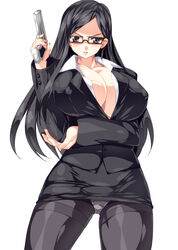 1girls assassin black_eyes black_hair black_pantyhose breasts bursting_breasts cleavage eyline_avari female firearm formal glasses glock gun handgun huge_breasts jacket long_hair looking_at_viewer no_bra no_panties_under_skirt office_lady original panties panties_under_pantyhose pantyhose pantyshot pencil_skirt pistol simple_background skin_tight skirt skirt_suit smash_daisaku solo standing suit thighband_pantyhose underwear upskirt weapon white_background