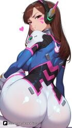 1girl ai_generated artist_name ass ass_focus bangs blizzard_entertainment blush bodysuit breasts brown_eyes brown_hair cameltoe d.va d.va_(overwatch) d.va_(overwatch_2_suit) facial_mark from_behind gloves headphones heart huge_ass large_breasts long_hair looking_at_viewer looking_back overwatch overwatch_2 patreon pilot_suit pout questionable senpai_pixels sensitive shiny simple_background sitting skin_tight solo whisker_markings white_background