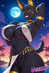 ai_generated anthro anubian_jackal anubis_(whisperingfornothing) bocas_top canine female female_focus female_only gold_jewelry jackal loincloth loincloth_aside nipples presenting presenting_pussy pussy