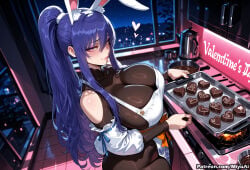 1girl ai_assisted ai_generated akiyama_rinko animal_ears bangs bare_shoulders blue_hair blush breasts bunny_ears chocolate cleavage cleavage_cutout curvaceous curvy curvy_female curvy_figure detached_sleeves female food heart huge_breasts indoors large_breasts long_hair looking_at_viewer miyuai ponytail purple_eyes sidelocks smile solo taimanin_(series) thick thick_ass thick_butt thick_hips thick_legs thick_thighs tray valentine voluptuous voluptuous_female wide_hips wide_thighs