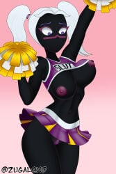 absurdres black_skin breasts breasts_out cheerleader colored_skin duck_dodgers highres large_breasts looking_at_breasts nipples pom_pom_(cheerleading) queen_tyr'ahnee skirt twintails white_hair zugalewd