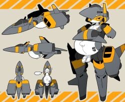 aeromorph aircraft aircraft_humanoid balls belly big_belly blush crossed_arms emanata flaccid flaccid_penis foreskin grey_armor hage intakes jagged_mouth jet living_machine machine male mecha multiple_angles navel penis penis_markings popped_navel solo stomach_tattoo thrusters transforming triangle_(marking) twitter_link visor white_body wings yellow_trim