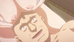 10s 1boy 1girl 1girls 2017 animated animated_gif bald fat fat_man female grabbing_own_breast groping groping_breast head_on_lap large_breasts legs lying_on_lap nail_polish nipples shikkoku_no_shaga shikkoku_no_shaga_the_animation shogun sitting sweat tagme taira_no_kiyomori toyohime
