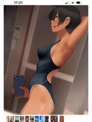 1girls 2d armpits black_hair boobs breasts female female_only hair hi_res highres human kuronami_(lvi) lvi nipple_bulge nipples_visible_through_clothing phone selfie short_hair solo solo_female standing swimsuit swimwear tan tan-skinned_female tan_body tan_skin tanned tanned_female tanned_skin tomboy