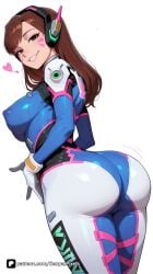 1girl ai_generated artist_name ass bangs blizzard_entertainment blue_bodysuit bodysuit breasts brown_eyes brown_hair clothes_writing covered_nipples cowboy_shot d.va d.va_(overwatch) d.va_(overwatch_2_suit) facial_mark from_behind gloves grin headphones heart large_breasts lips long_hair looking_at_viewer looking_back overwatch overwatch_2 patreon questionable senpai_pixels simple_background skin_tight smile solo whisker_markings white_background white_gloves