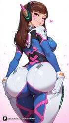 1girl ai_generated artist_name ass ass_focus ass_support bangs blizzard_entertainment blue_bodysuit bodysuit breasts brown_eyes brown_hair cameltoe cowboy_shot d.va d.va_(overwatch) d.va_(overwatch_2_suit) facial_mark from_behind gloves headphones heart large_breasts lips long_hair looking_at_viewer looking_back medium_breasts overwatch overwatch_2 patreon pilot_suit questionable senpai_pixels simple_background skin_tight smile solo thigh_gap whisker_markings white_background white_gloves
