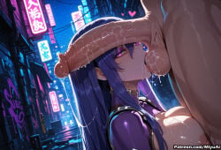 1boy 1girl ai_assisted ai_generated akiyama_rinko breasts building city cum cum_in_mouth cum_on_body cum_on_breasts cum_on_upper_body curvaceous curvy curvy_female curvy_figure english_text erection facial fellatio female heart heart-shaped_pupils hetero large_breasts long_hair miyuai night nipples oral outdoors penis purple_eyes purple_hair solo_focus symbol-shaped_pupils taimanin_(series) testicles thick thick_ass thick_butt thick_hips thick_legs thick_thighs uncensored voluptuous voluptuous_female wide_hips wide_thighs