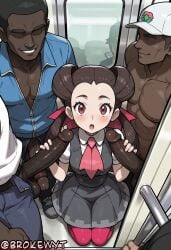 1girl 4boys ai_generated baseball_cap blush brokewyt brown_hair collared_shirt cuckold dark-skinned_male dark_skin double_handjob dress erection eyelashes group_sex hair_ribbon handjob hat hetero hi_res high_quality high_resolution highres interracial kneeling long_hair looking_at_viewer multiple_boys multiple_penises netorare open_mouth pantyhose penis pokemon pokemon_rse red_eyes ribbon roxanne_(pokemon) shirt shoes short_sleeves sitting smile teeth testicles tongue train_interior twintails uncensored veins veiny_penis watermark white_shirt zipper_pull_tab