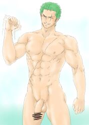 1boy abs bara bara_body bara_tiddies bara_tits barazoku biceps big_dick_energy big_penis bigger_male broad_shoulders censored collarbone completely_naked completely_nude dangling_penis defined_muscles earrings evil_smile exhibitionism flaccid flaccid_bigger flaccid_penis frown frowning gay gesture gesture_hand green_hair hairless handsome handsome_man hanging_penis imminent_masturbation japanese_male long_penis looking_at_viewer male male_focus male_only manly masculine masculine_male muscles muscular muscular_male naked nude one_piece pecs pecs_bigger_than_head pectorals penis penis_down pirate post-timeskip reito_raichi roronoa_zoro scar scar_across_eye scar_on_chest scar_on_face scars six_pack smile solo solo_focus solo_male tall_male taller_male tough_guy trapezius triceps yaoi