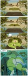 1girls amphibian anthro big_breasts big_butt biped breasts butt comic dialogue english_text eyelashes female female_only frog green_body horizontal_pupils huge_breasts huge_butt huge_hips huge_thighs lily_pad looking_at_viewer low-angle_view multicolored_body non-mammal_breasts nude overweight overweight_anthro overweight_female plant pupils roly smile solo spanish_text speech_bubble tail talking_to_viewer text thick_thighs very_high_resolution water wide_hips