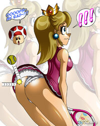 1girls ass big_ass big_butt dat_ass hourglass_figure mario_(series) mario_tennis nintendo panties princess_peach solo tennis tennis_racket toad_(mario) upskirt white_panties x^j^kny