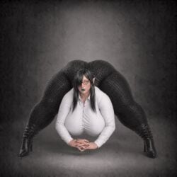 ai_generated boots button_down_shirt glasses huge_ass huge_breasts huge_thighs hyper hyper_ass hyper_breasts hyper_thighs jack-o_pose mavis_dracula office_lady vampire vampire_girl yoga_pants