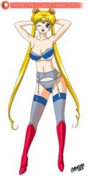 1girls bishoujo_senshi_sailor_moon boots bra breasts chancero double_bun female female_only garter_belt hair_bun high_heel_boots knee_boots lingerie panties sailor_moon see-through small_breasts solo stockings transparent_background usagi_tsukino wink