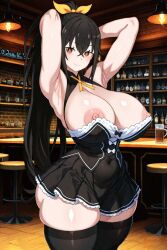 ai_generated black_hair breasts brown_eyes female female_only hands_behind_head huge_breasts huge_thighs looking_at_viewer maid maid_outfit maid_uniform nipples ponytail slim_waist snapperai thick_thighs thighhighs thighs voluptuous voluptuous_body voluptuous_female wide_hips