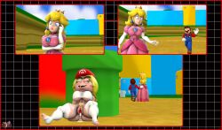 1boy 2girls 3d 3d_(artwork) after_vaginal anus big_breasts big_thighs blue_eyes breasts brown_hair comic crop_top curvy curvy_female dress elbow_gloves female female_pubic_hair gloves goombella grey-yordle kabalmystic_(style) male mario mario_(series) mustache nintendo outdoors part_3 pink_dress princess_peach pubic_hair pussy stockings thick thick_hips thick_thighs thighs vagina white_elbow_gloves white_gloves