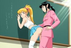 1girl against_wall ai_assisted ai_generated anime_coloring anime_screencap blonde_hair chalkboard checkered_skirt doggy_style doggy_style_sex dripping_pussy facing_forward forced from_behind hand_on_back hand_on_neck head_turned kochikame looking_away looking_away_from_viewer looking_forward midriff navel no_panties official_style petite_girl pink_suit plaid_skirt ponytail pressed_against_wall ribbon_in_hair sex_from_behind short_sleeves skirt standing_sex straight sunlight turned viewed_from_below white_stockings white_tank_top window