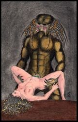 1boy 1girls alien alien_vs_predator bite_mark breasts erection female interspecies krisstenredfox machiko_noguchi male missionary_position nipples nude penetration penis predator_(franchise) sex size_difference traditional_media_(artwork) vaginal_penetration yautja