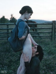 2girls backpack bottomless cunnilingus dina_(the_last_of_us) ellie_(the_last_of_us) ellie_williams eye_contact fence freckles hand_on_head lesbian lesbian_couple light-skinned_female light_skin nature outdoors petite_body res_(artist) slim_female t-shirt tattoo teenage_girl teenager the_last_of_us the_last_of_us_2 witcherres
