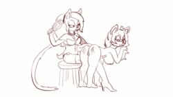 2016 animated anthro ass bouncing_breasts breasts clothing female fur furry fuzzamorous hair high_heels looking_back loop monochrome nipples nude on_lap paddle partially_clothed pussy simple_background sitting sketch smile spanking white_background yuri