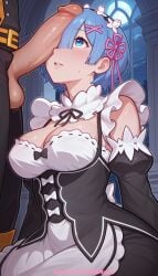 1boy 1girl 2026 ai_generated artist_name black_pants blue_eyes blue_hair blush boobs breasts bust chest cock detached_sleeves dick erection hair_ornament hair_over_one_eye hetero hi_res high_quality highres imminent_fellatio large_penis looking_at_penis maid maid_headdress pants patreon patreon_username penis penis_awe penis_on_face pinkname precum re:zero_kara_hajimeru_isekai_seikatsu rem_(re:zero) ribbon roswaal_mansion_maid_uniform short_hair solo_focus testicles tits twitching_penis uncensored veins veiny_penis watermark x_hair_ornament