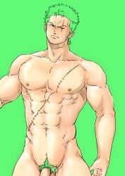 1boy abs angry angry_face bara bara_body bara_tiddies bara_tits barazoku biceps big_dick_energy bigger_male broad_shoulders bushy_pubes collarbone completely_naked completely_nude dangling_penis defined_muscles earrings exhibitionism flaccid flaccid_penis frown frowning gay green_hair green_pubic_hair handsome handsome_man hanging_penis japanese_male looking_at_another male male_focus male_only manly masculine masculine_male muscles muscular muscular_male naked nude one_piece pecs pecs_bigger_than_head pectorals penis penis_down pirate post-timeskip pubic_hair reito_raichi roronoa_zoro scar scar_across_eye scar_on_chest scar_on_face scars six_pack solo solo_focus solo_male tall_male taller_male tough_guy trapezius triceps yaoi