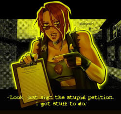 1girl english_text looking_over_eyewear looking_over_sunglasses petition postal_(series) postal_doe postal_dude red_hair rule63 sunglasses tinted_eyewear
