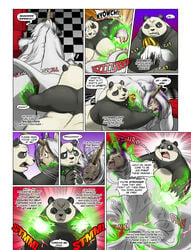 anus ass balls bear big_balls big_breasts blue_eyes border breasts comic crying dialogue duo english_text equine facial_hair female gillpanda growth half-closed_eyes hi_res horn human hybrid male mammal muscle_growth muscular muscular_male nude one_eye_closed overweight panda penis sharp_teeth tears teeth text transformation unicorn white_border