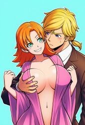 ai_generated aqua_eyes big_breasts blonde_hair blue_eyes breasts clothed ginger_hair grabbing grabbing_from_behind jaune_arc navel no_sex nora_valkyrie rwby