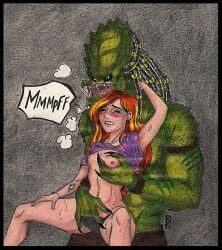 1boy 1girls alien breasts female fingering interspecies krisstenredfox male nipples original_character panties predator_(franchise) red_hair size_difference traditional_media_(artwork) yautja