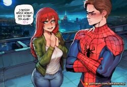 1boy 1girl abs ai_generated amadeus_v arms_crossed blue_bodysuit blush cold cowboy_shot curvy dim_lighting distance facing_each_other full_moon green_eyes green_jacket hands_clasped jeans large_breasts long_hair marvel mary_jane_watson muscular_male neon_lights night open_mouth pecs peter_parker pleading red_hair rooftop skyline spider-man_(series) standing teary_eyes white_top wide_hips