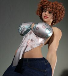 1girls 3d big_breasts blue_eyes breasts cartoon_network clothing curly_hair earrings ed_edd_n_eddy female female_only freckles hoop_earrings huge_breasts jeans kanker_sisters lee_kanker light-skinned_female light_skin lipstick madz medium_hair realistic red_hair solo solo_female thick_thighs
