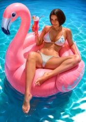1girls barefoot big_breasts bikini blue_eyes breasts brown_hair cameltoe capcom female female_only jill_valentine nipple_bulge pool realistic resident_evil solo tagme_(artist)