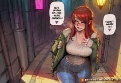 1girl ai_generated amadeus_v blush color cowboy_shot curvy dim_lighting green_eyes green_jacket hand_on_chest hopeful jeans large_breasts long_hair marvel mary_jane_watson neon_sign night open_mouth red_hair sidewalk smile solo spider-man_(series) street uncensored walking white_top wide_hips