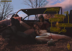 2d 2girls biting_lip black_hair breasts brown_hair computer electronics english_text fallout fallout_4 female fingering hat human jacket lying masturbation multiple_girls nipples nude outdoors pale_skin pip-boy piper_wright pussy scar short_hair sitting sole_survivor speech_bubble text thekite vault_girl wristwear yuri