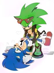 2boys anal_sex archie_comics blue_eyes blue_fur chest_scar cum cum_on_face cum_on_self cumming_from_anal_sex cumshot_on_face eulipotyphlan green_eyes green_fur leather_jacket oerba_yun_fang on_back pinklilim scar scars_on_chest scourge_the_hedgehog shades sonic_(series) sonic_the_hedgehog sonic_the_hedgehog_(archie) sonic_the_hedgehog_(comics) sonic_the_hedgehog_(series) steamy_breath sunglasses sweatdrop thrusting veiny_penis white_background wincing yaoi