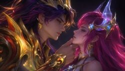 1boy 1girl1boy 1girls ai_generated arlott_(mobile_legends) couple_(romantic) dragon_girl hands-free lips mobile_legends mobile_legends:_bang_bang non-human novaria_(mobile_legends) pink_hair