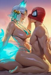 ai_generated ami_han beach bikini drawingthings12 fox_ears fox_tail marvel marvel_rivals peter_parker spider-man spider-man_(series) white_fox_(marvel) white_fox_(marvel_rivals) white_hair