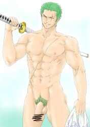 1boy abs bara bara_body bara_tiddies bara_tits barazoku biceps big_dick_energy big_penis bigger_male broad_shoulders bushy_pubes censored collarbone completely_naked completely_nude dangling_penis defined_muscles earrings evil_smile exhibitionism flaccid flaccid_bigger flaccid_penis frown frowning gay green_hair green_pubic_hair handsome handsome_man hanging_penis holding_sword holding_towel japanese_male long_penis looking_at_viewer male male_focus male_only manly masculine masculine_male muscles muscular muscular_male naked nude one_piece pecs pecs_bigger_than_head pectorals penis penis_down pirate post-timeskip pubic_hair reito_raichi roronoa_zoro scar scar_across_eye scar_on_chest scar_on_face scars six_pack smile solo solo_focus solo_male sword swordman tall_male taller_male tough_guy trapezius triceps yaoi