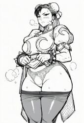 1girl ai_generated aquaberrymarine black_hair blush bracelet breasts china_dress chinese_clothes chun-li clothes_lift clothes_pull double_bun dress dress_lift earrings eyeshadow forehead hair_bun hairband highres jewelry large_breasts legs long_hair looking_at_viewer makeup monochrome panties pantyhose pantyhose_pull pelvic_curtain pelvic_curtain_lift simple_background steam street_fighter studded_bracelet sweat thighs underwear white_background