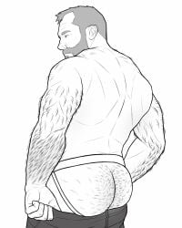 1boy abs bara beard big_ass big_ass_(male) call_of_duty captain_price clothed daddy dilf from_behind gay greyscale hairy_ass hairy_male jockstrap john_price large_ass male male_only monochrome muscular muscular_arms muscular_male mustache partially_clothed pulling_down_pants rondeniro_ solo