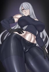 1girl 1girls abs ak-15_(girls'_frontline) alternate_version_available cameltoe female female_only girls'_frontline more_at_source muscles muscular muscular_female rikka voymastina_(girls'_frontline_2) white-haired_female white_hair
