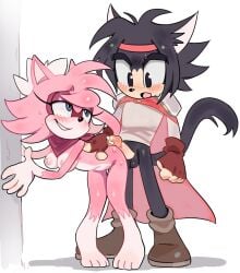 1boy 1girls areolae black_eyes black_fur blue_eyes blush cape cat_ears cat_tail character_request commission lidded_eyes long_eyelashes looking_back nipples nude nude_female original_character original_characters original_characters_only pink_fur pinklilim sensh_the_cat sonic_(series) sonic_oc sonic_the_hedgehog_(series) sweatdrop tagme_(character) white_background
