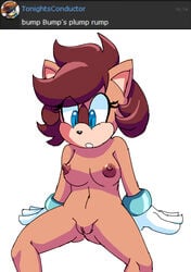 anthro areola blue_eyes breasts brown_hair bump_the_deer cervine clothing deer english_text extraspecialzone eyelashes fan_character female fur furry gloves hair mammal mostly_nude navel nipples original_character pussy simple_background solo sonic_(series) tan_fur text white_background