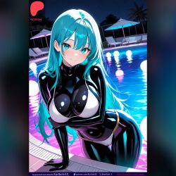 1girls ai_generated big_breasts bikini bodysuit boobs breasts catsuit clothed_female clothing female female_only kuriboh_ex_(artist) latex latex_bodysuit latex_clothing latex_skinsuit latex_suit long_hair longhair oppai pool rubber rubber_clothing rubber_suit skin_tight skinsuit swimsuit turquoiseeyes turquoisehair