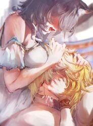 2girls aglaea_(honkai:_star_rail) big_breasts blowjob cipher_(honkai:_star_rail) cum_in_mouth holding_head honkai:_star_rail nyeppu swallowing yuri