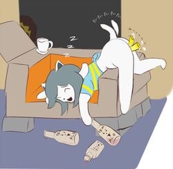 bottomless box canine closed_eyes dildo feline female frisk kamperkiller_(artist) mammal masturbation open_mouth peeking pussy pussy_juice sex_toy shirt sleeping stalking temmie undertale vibrator voyeur