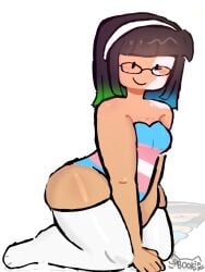 2026 ass battle_for_dream_island bfdi black_hair book_(bfdi) dyed_hair gijinka glasses headband headwear lgbt_pride_month medium_breasts object_shows ombre_hair one-piece_swimsuit reflection reflective_floor seductive sitting tanned tanned_futa transgender transgender_pride_colors white_background