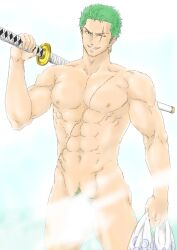 1boy abs bara bara_body bara_tiddies bara_tits barazoku biceps bigger_male broad_shoulders bushy_pubes collarbone completely_naked completely_nude defined_muscles earrings evil_smile frown frowning gay green_hair green_pubic_hair handsome handsome_man holding_sword holding_towel japanese_male looking_at_viewer male male_focus male_only manly masculine masculine_male muscles muscular muscular_male naked no_visible_penis nude one_piece pecs pecs_bigger_than_head pectorals pirate post-timeskip pubic_hair reito_raichi roronoa_zoro scar scar_across_eye scar_on_chest scar_on_face scars six_pack smile solo solo_focus solo_male steam sword swordman tall_male taller_male tough_guy trapezius triceps yaoi